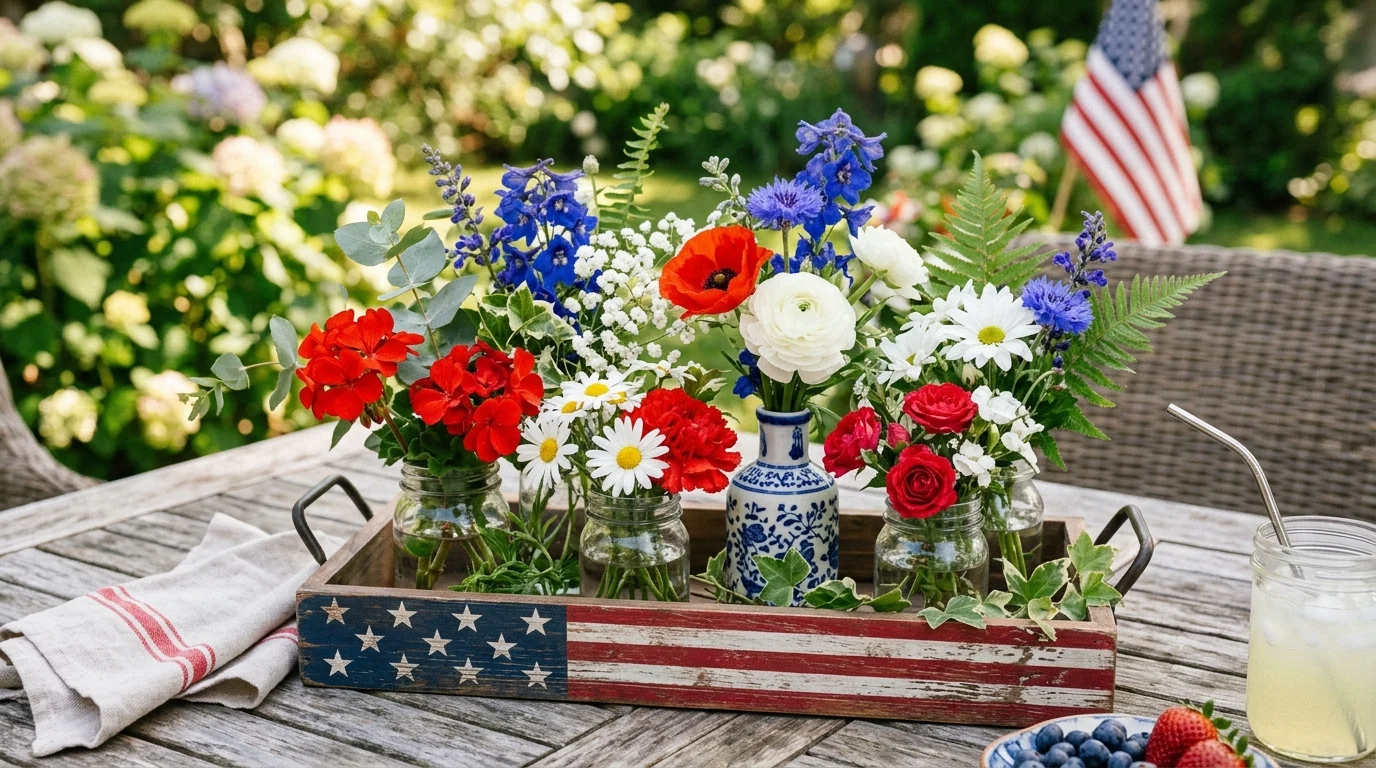 Floral patriotic tray with mini vases of red white and blue flowers and greenery