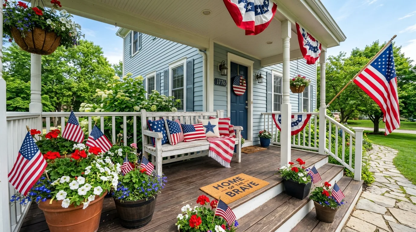 4th of July porch decor with patriotic pillows and flags