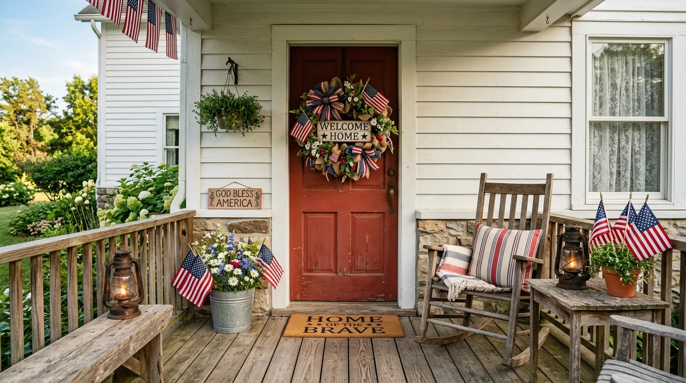 Farmhouse 4th of July porch with patriotic wreath and lanterns