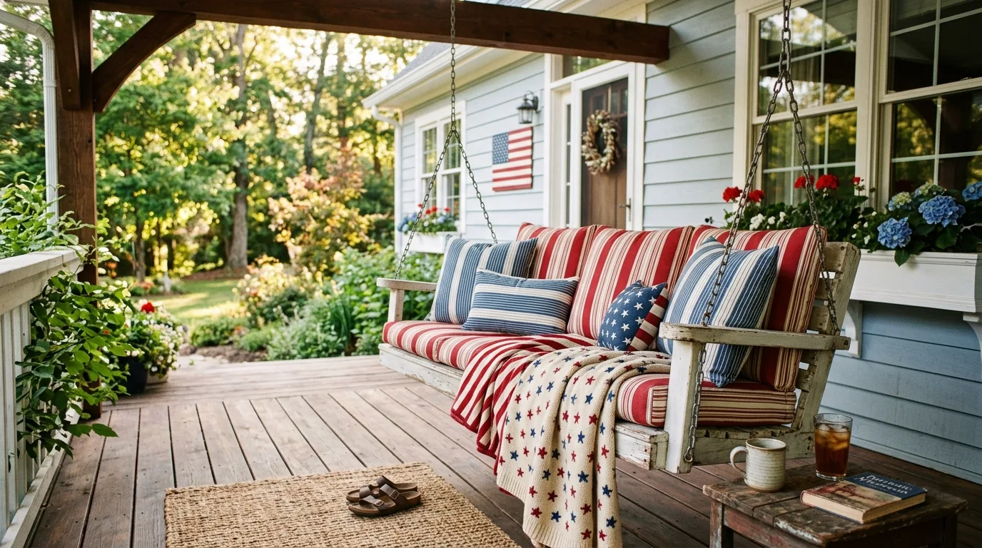 Porch swing with patriotic cushions and blankets