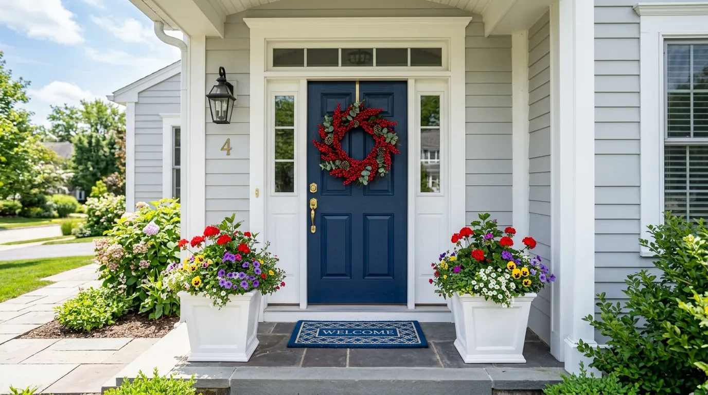Front door with red wreath, blue doormat, and white planters