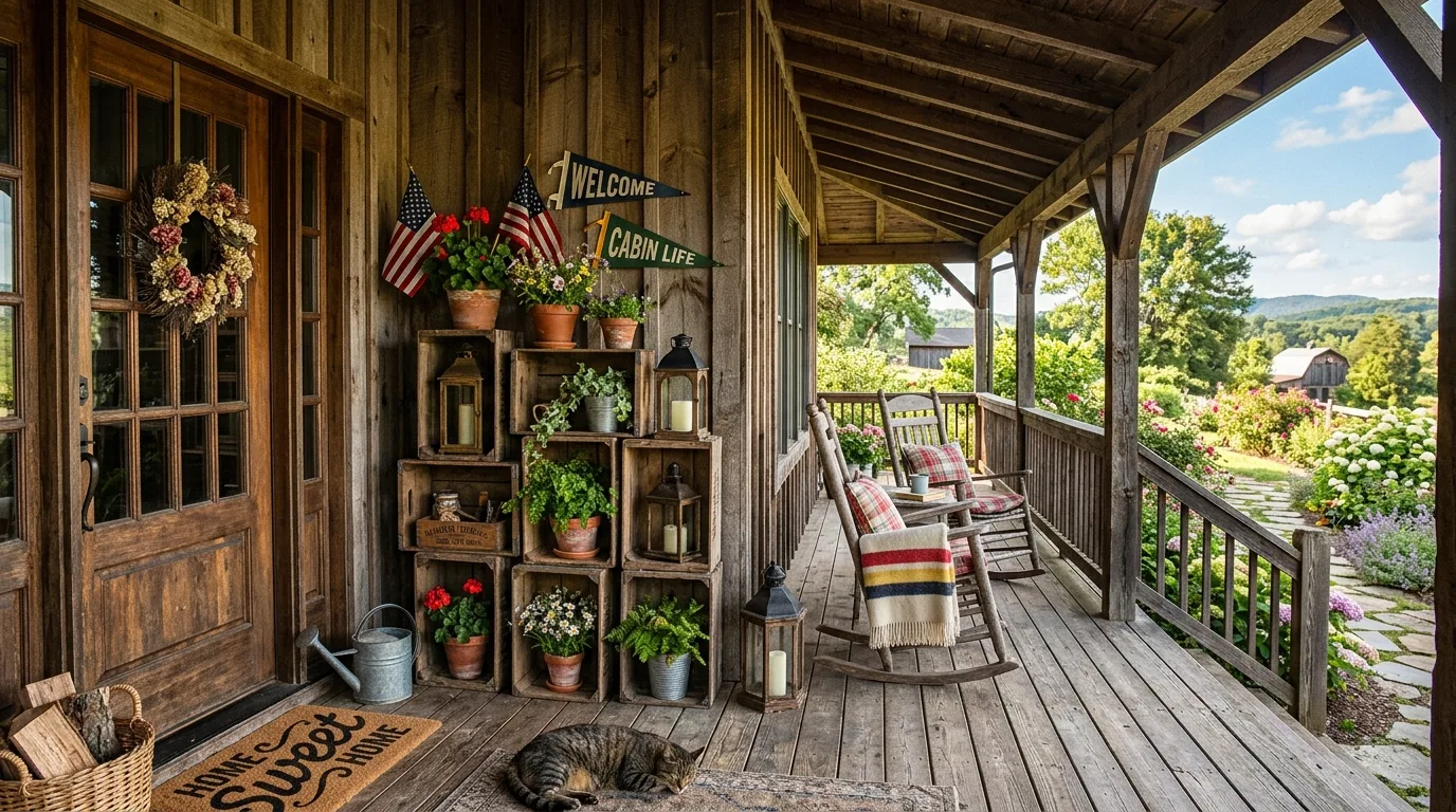 Rustic porch crates styled with patriotic decor