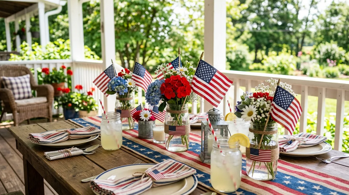 Porch table decorated for the 4th of July
