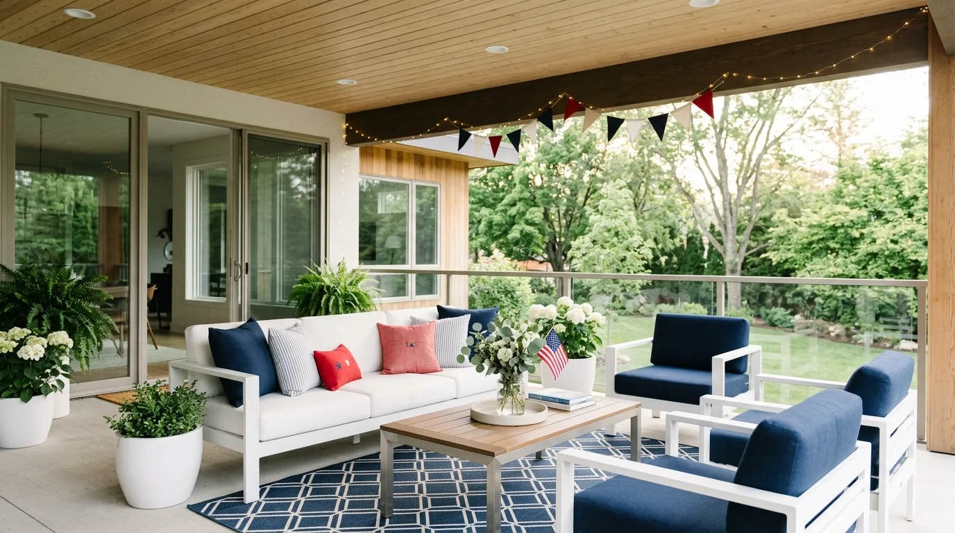 Modern porch with minimal patriotic decor