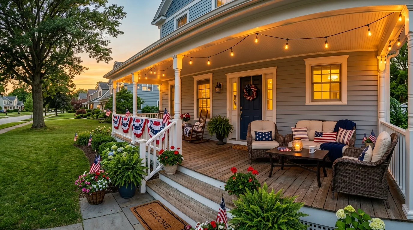 4th of July porch with bunting and string lights at dusk