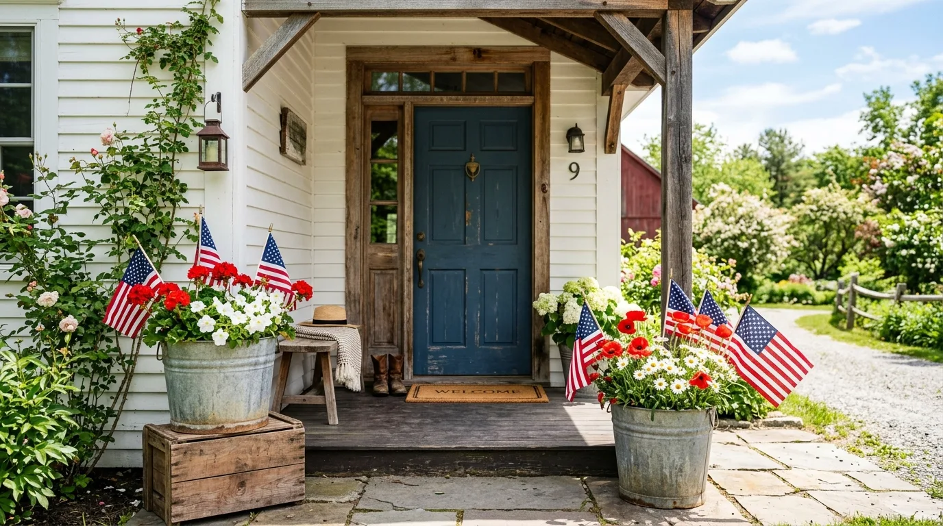 Patriotic porch flowers in galvanized buckets