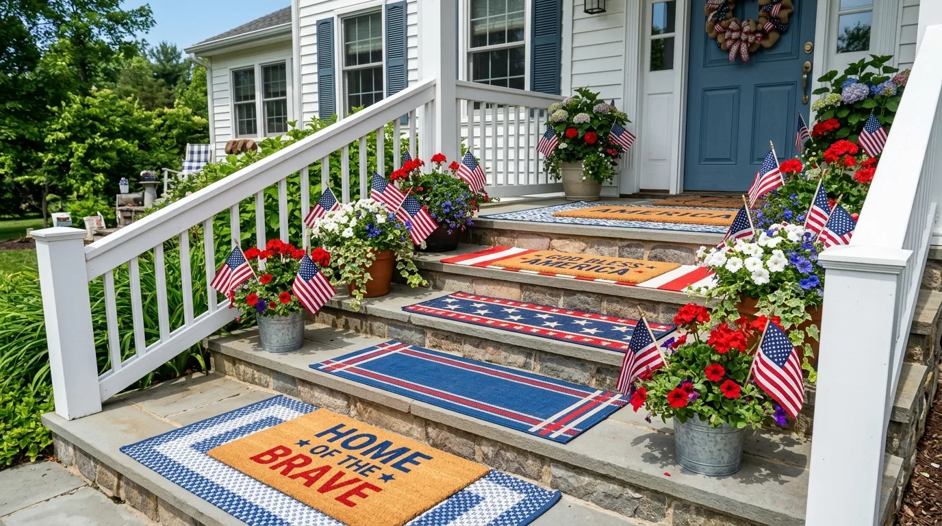 Porch stairs with layered patriotic rugs and plants