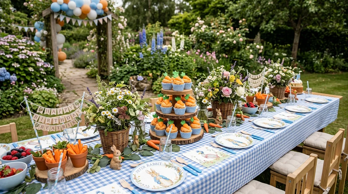 Peter Rabbit party table with blue gingham tablecloth and floral centerpieces