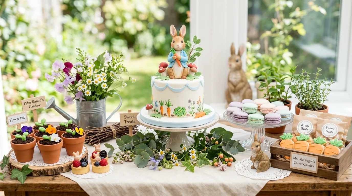Peter Rabbit dessert table with bunny cake topper, pastel macarons, and garden inspired sweets