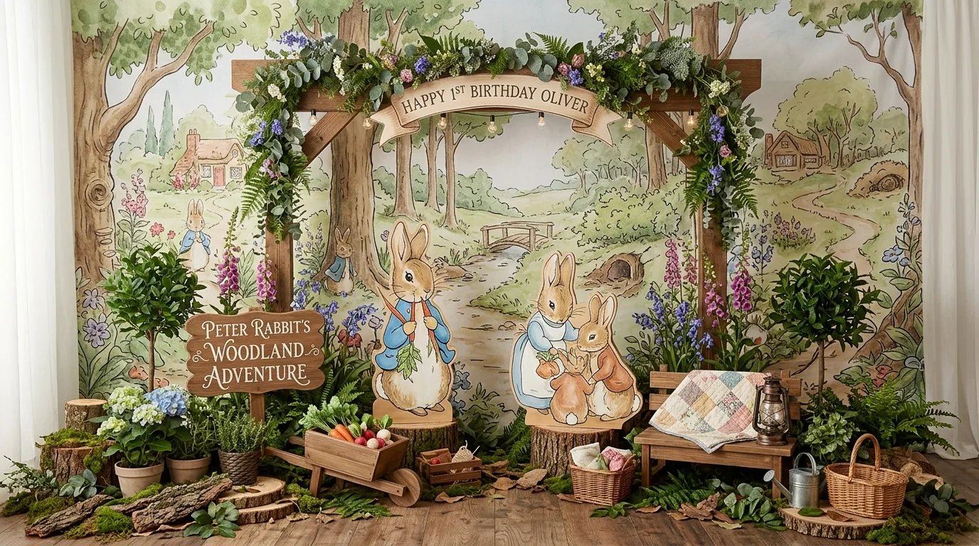 Woodland Peter Rabbit backdrop with illustrated bunny cutouts, wooden props, and greenery
