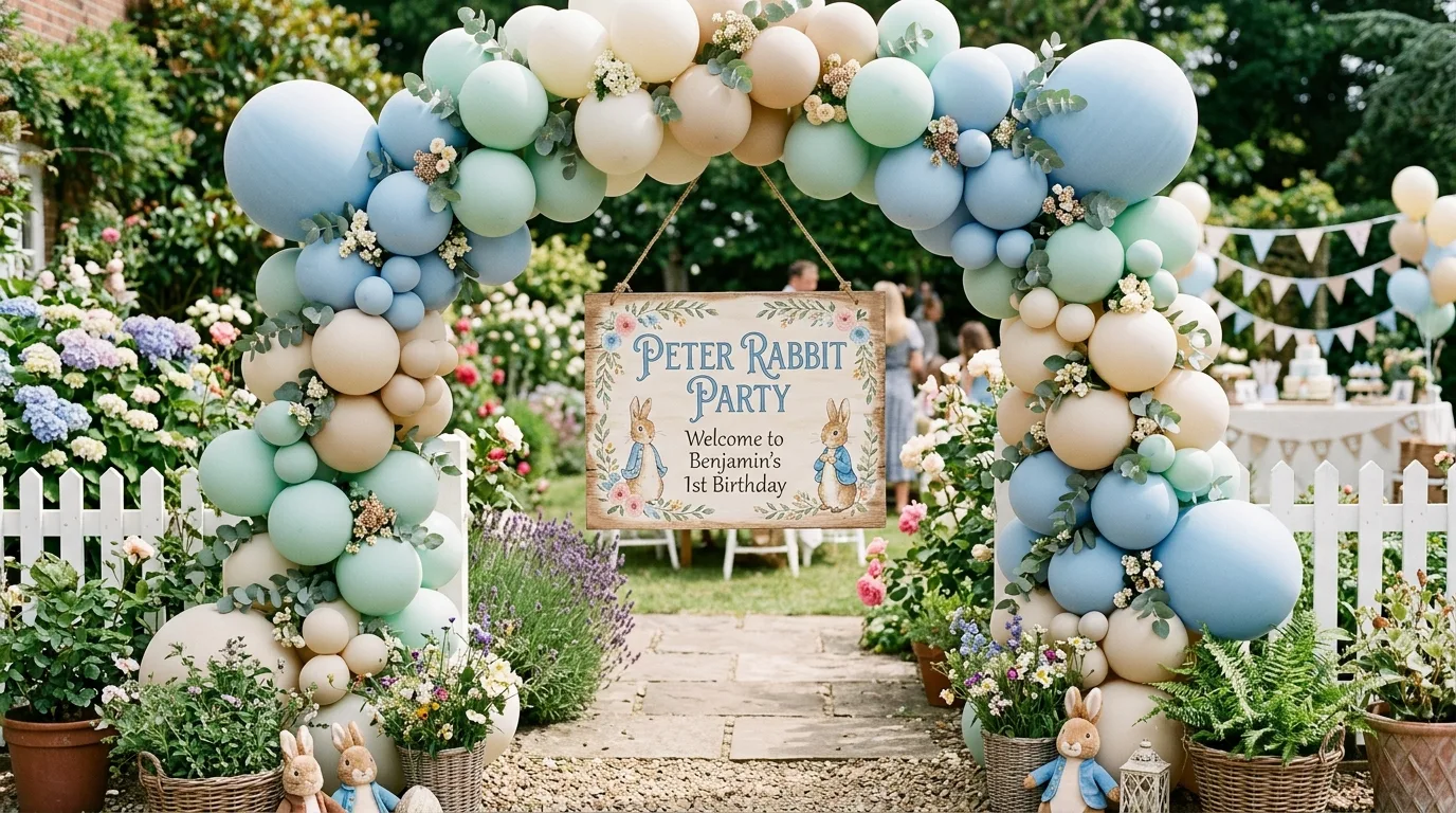 Pastel balloon arch in soft blue, green, and beige framing a Peter Rabbit Party sign