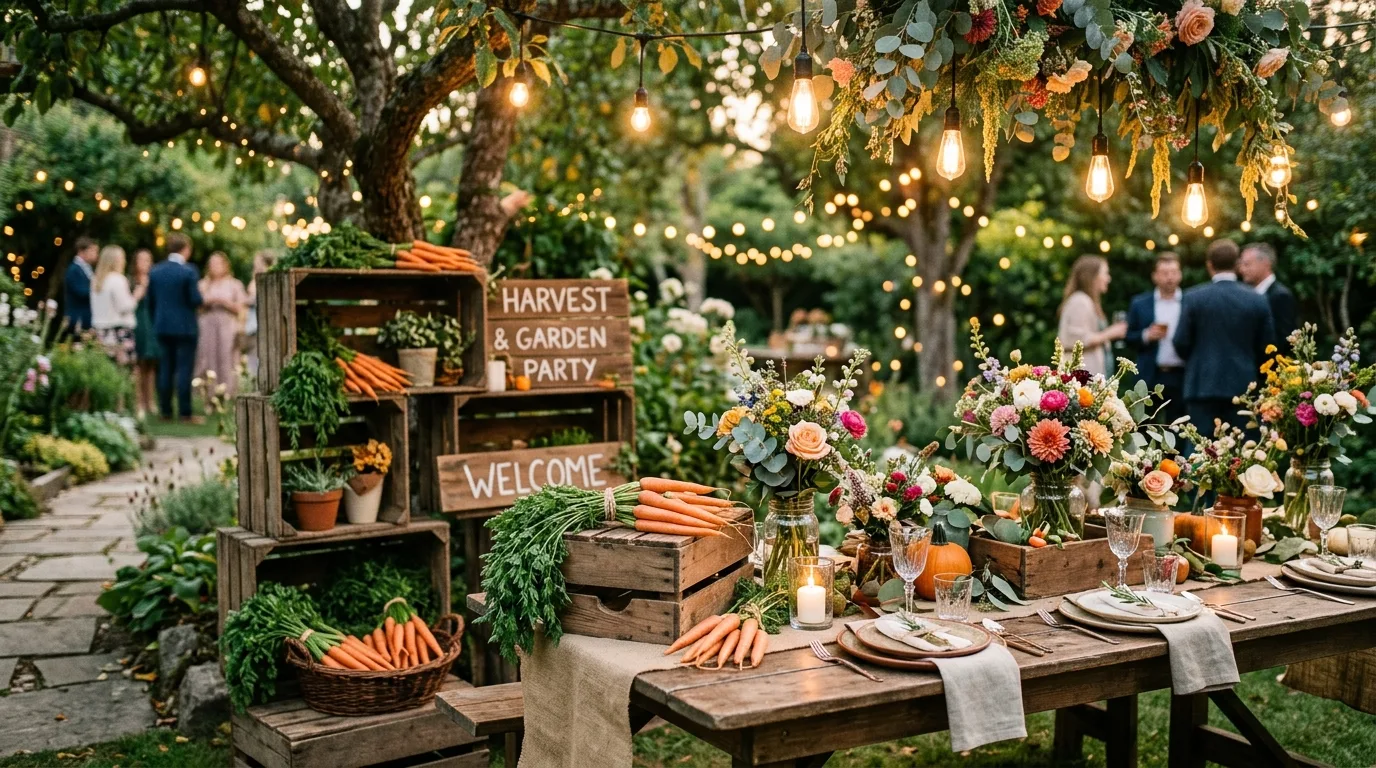 Rustic garden style Peter Rabbit party setup with wooden crates, carrot decor, and flowers