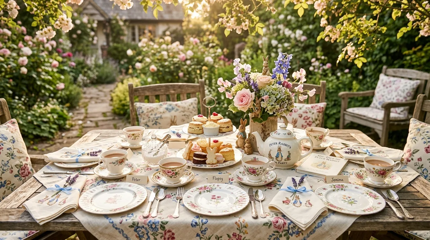 Peter Rabbit tea party table with vintage teacups, floral plates, and bunny themed napkins