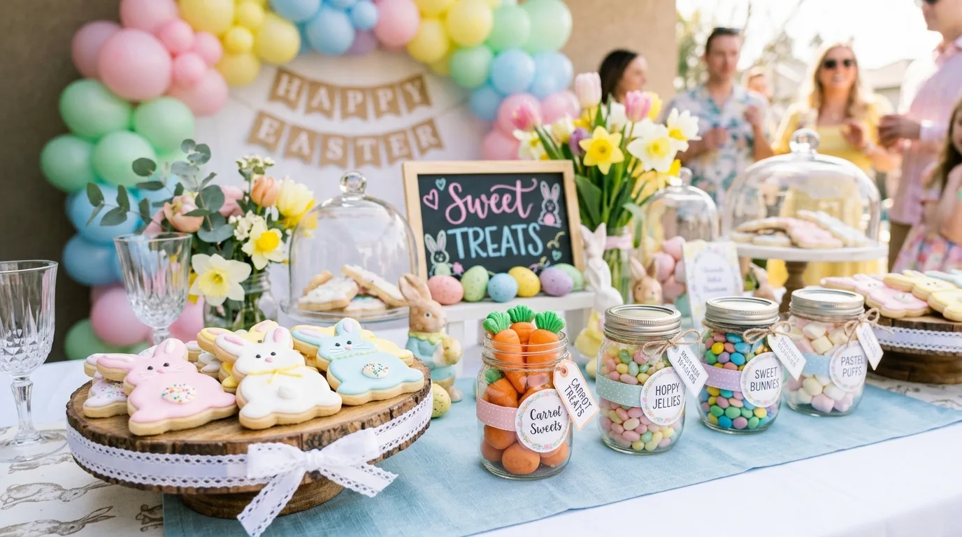 Candy table with bunny shaped cookies, carrot sweets, and pastel jars