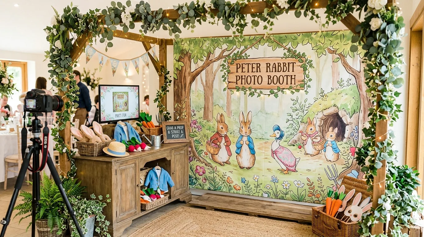 Photo booth area with Peter Rabbit props, woodland background, and soft greenery accents