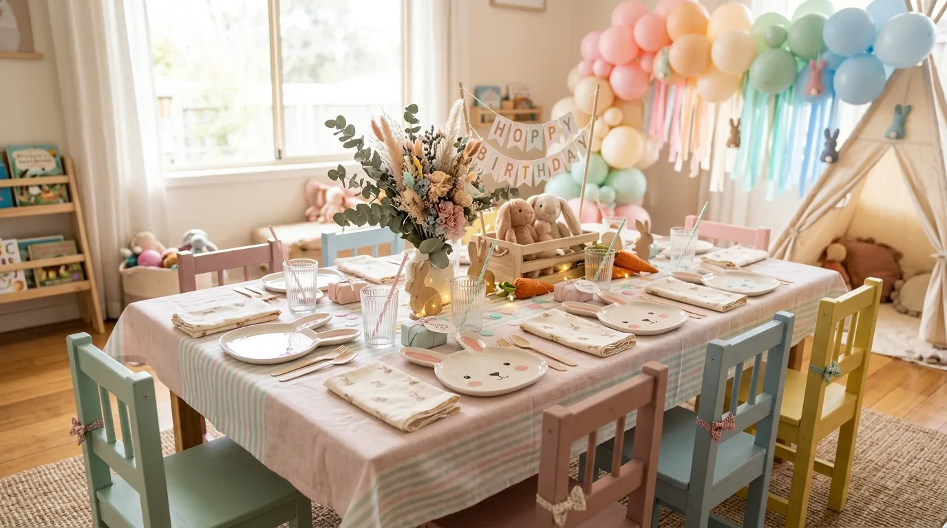Kids party table with small chairs, bunny plates, and themed decorations in soft pastel tones