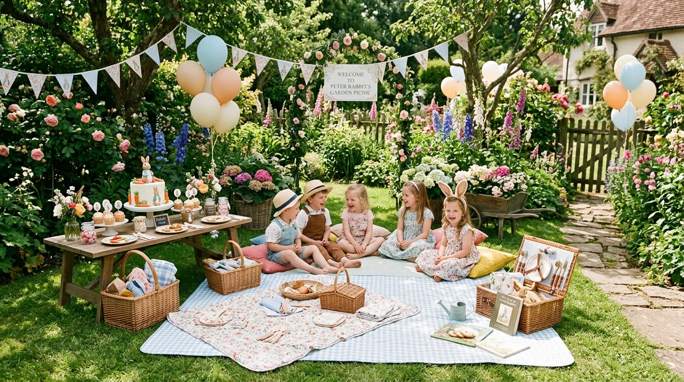 Garden picnic style Peter Rabbit party setup with blankets, baskets, and floral decorations
