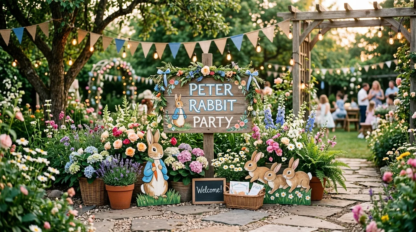 Welcome sign area with Peter Rabbit Party wooden board, flowers, and bunny cutouts