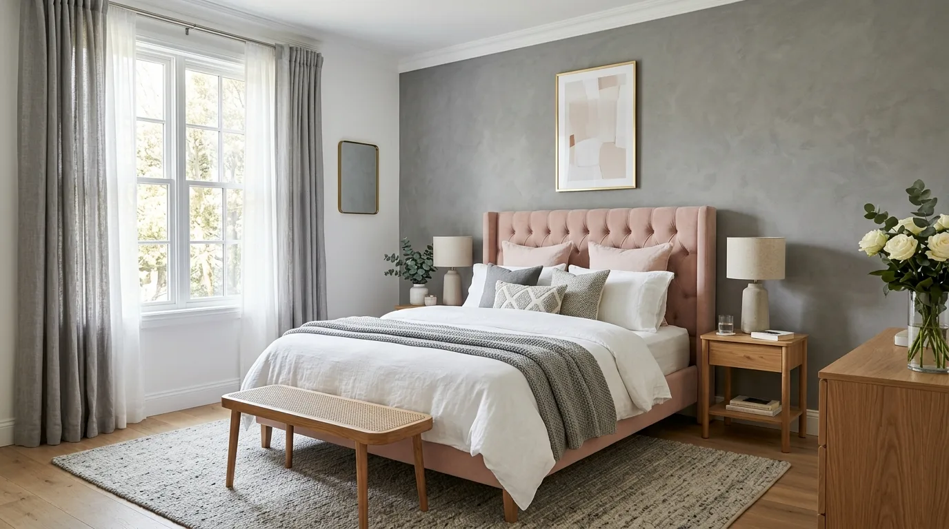 Stylish pink and grey bedroom with upholstered bed and grey accent wall