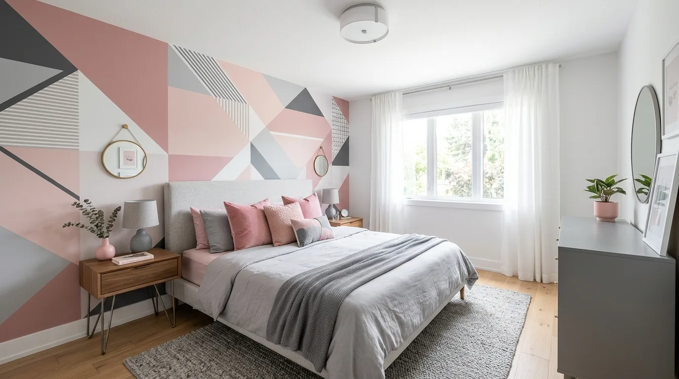 Modern pink and grey bedroom with geometric wall art, grey bedding, and pink throw pillows