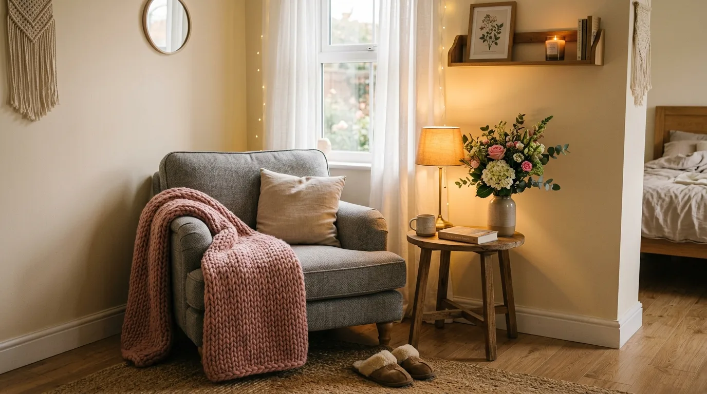 Cozy bedroom corner with grey armchair, pink knitted throw blanket, and side table with flowers