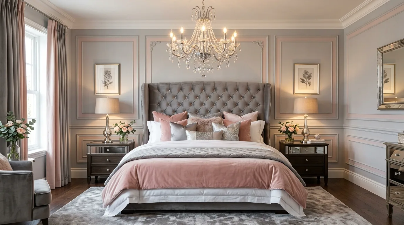 Luxury pink and grey bedroom with tufted headboard, silver chandelier, and layered bedding