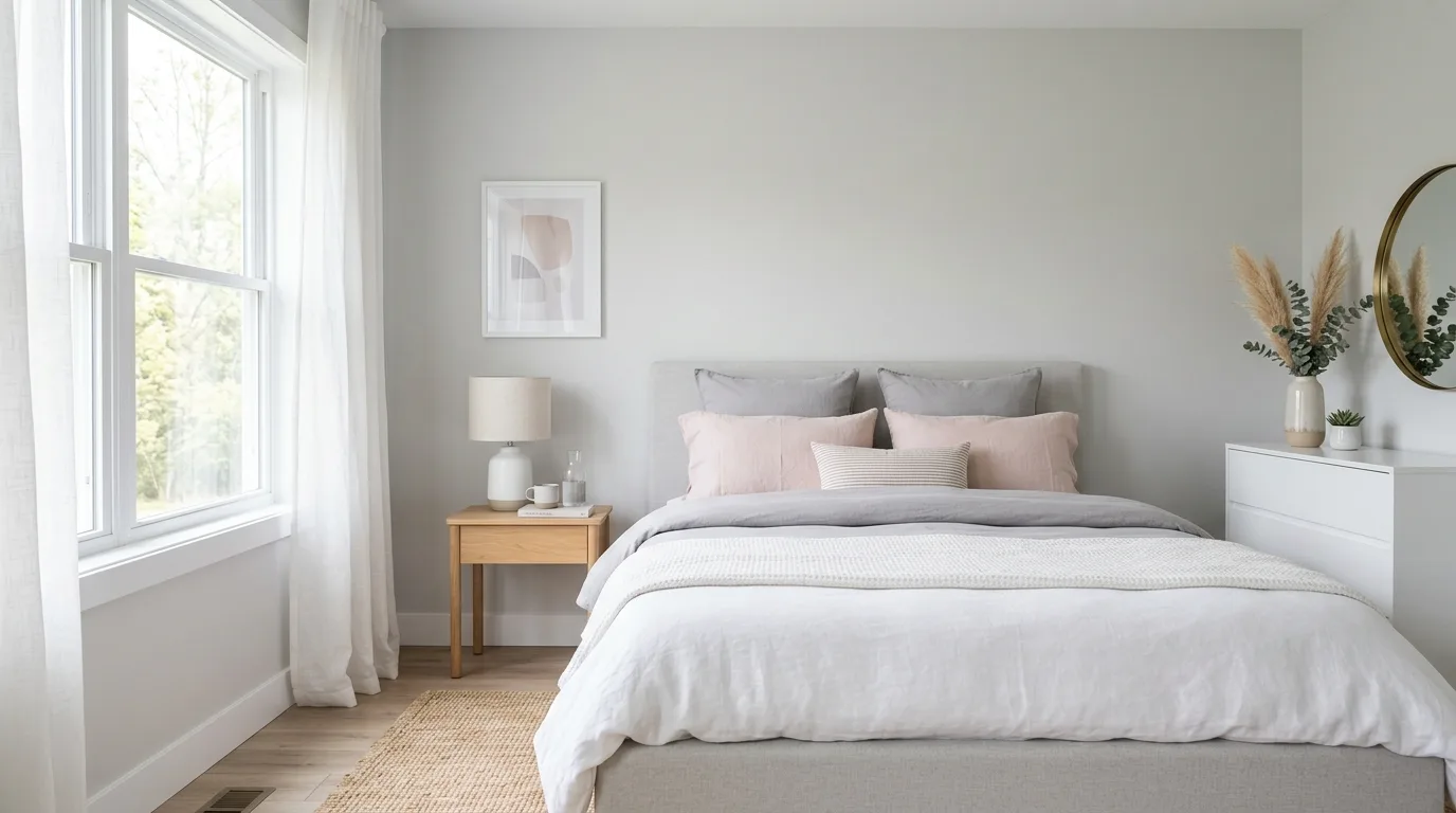 Minimalist pink and grey bedroom with clean lines, light grey walls, and subtle blush accents