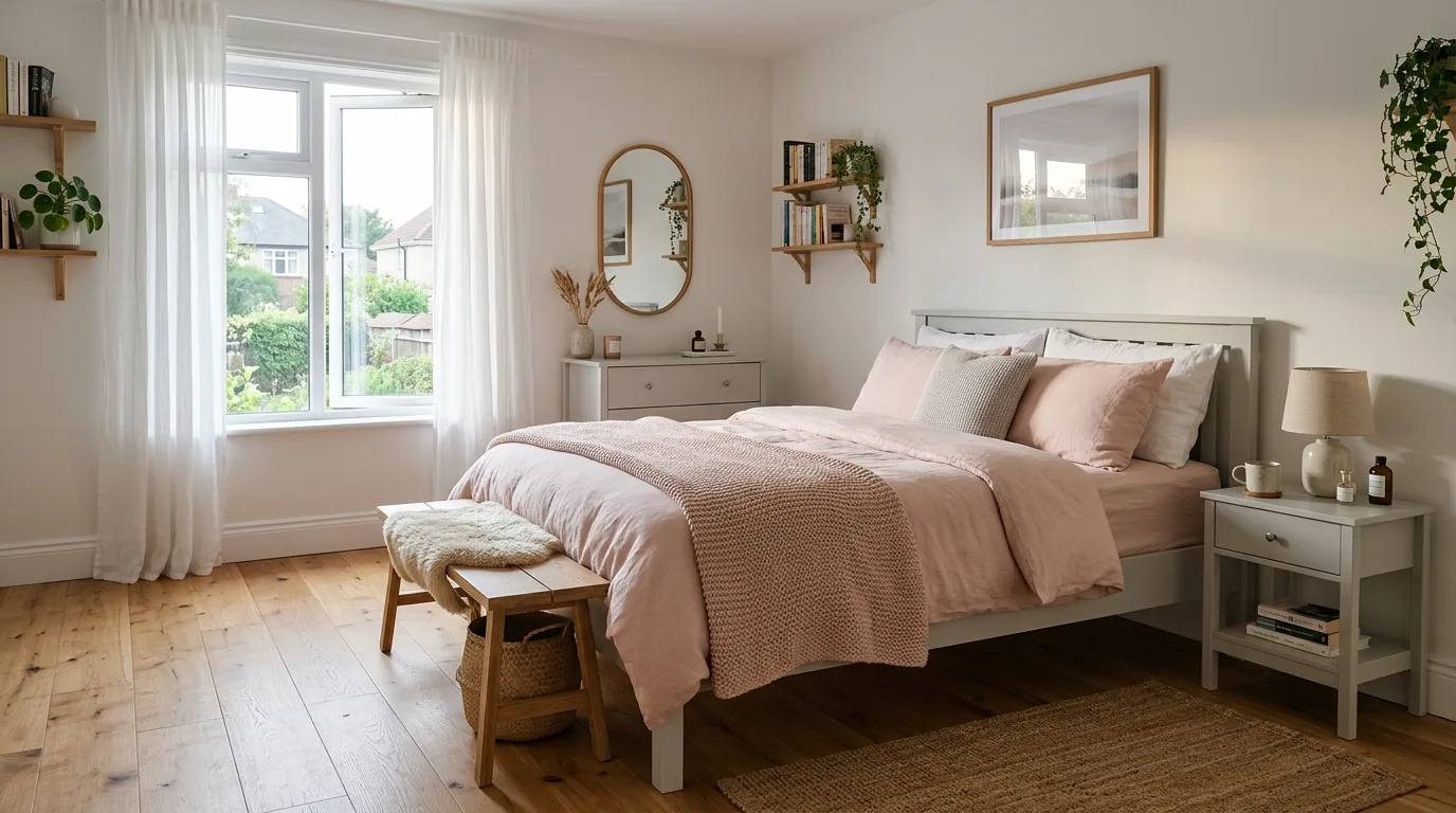 Scandinavian style bedroom with pale grey furniture, blush pink textiles, and wooden flooring