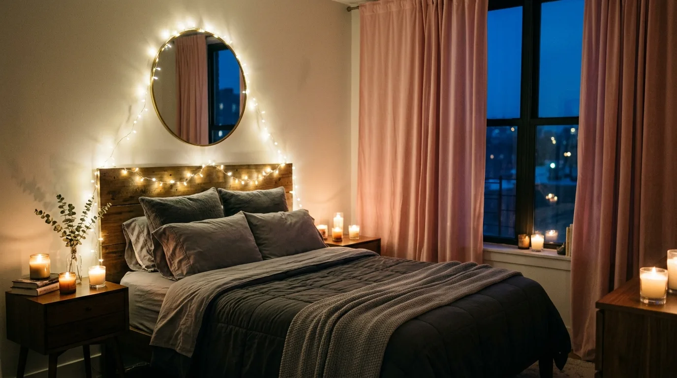 Romantic bedroom with pink curtains, grey bedding, fairy lights, and candle glow