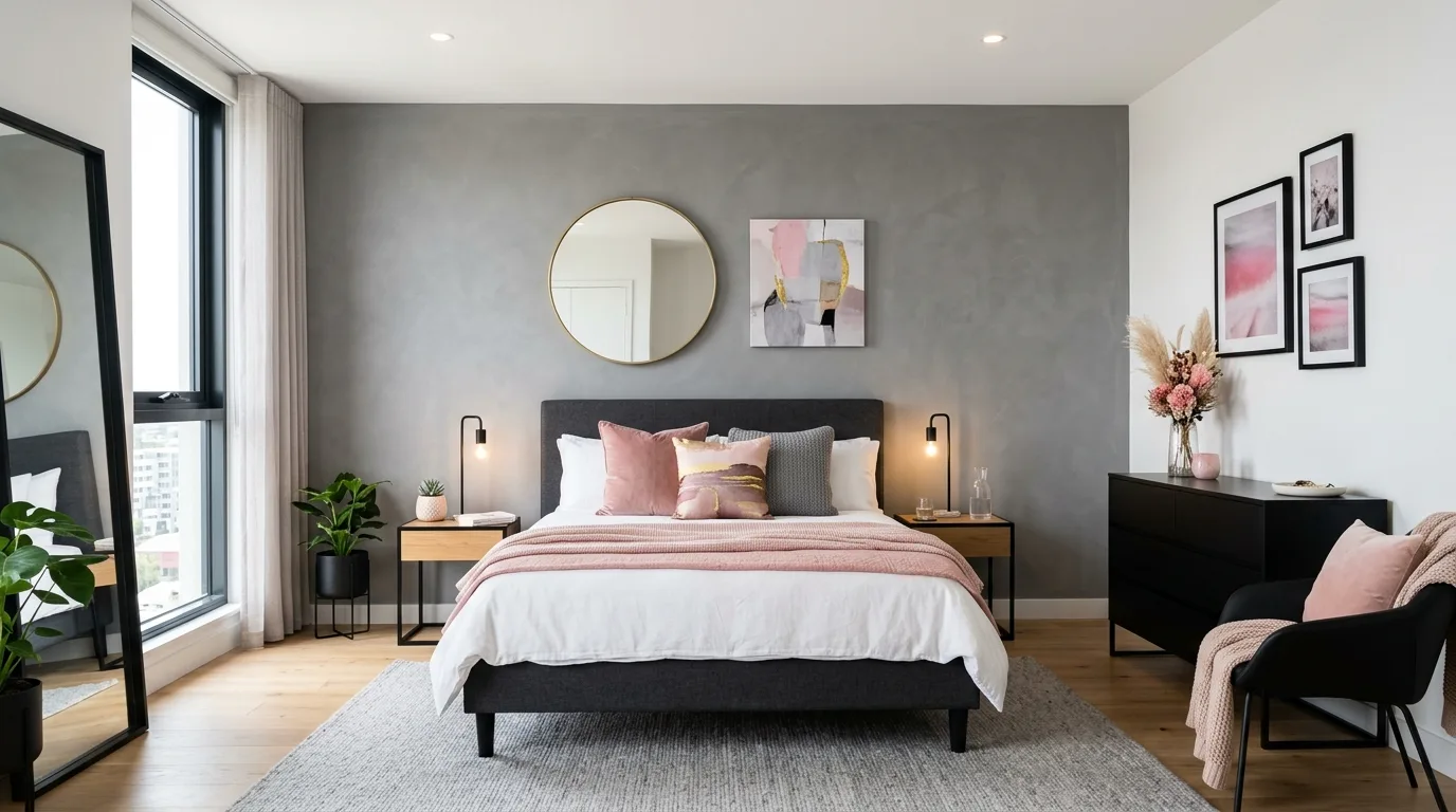 Modern apartment bedroom with grey feature wall, pink decor accents, and sleek furniture
