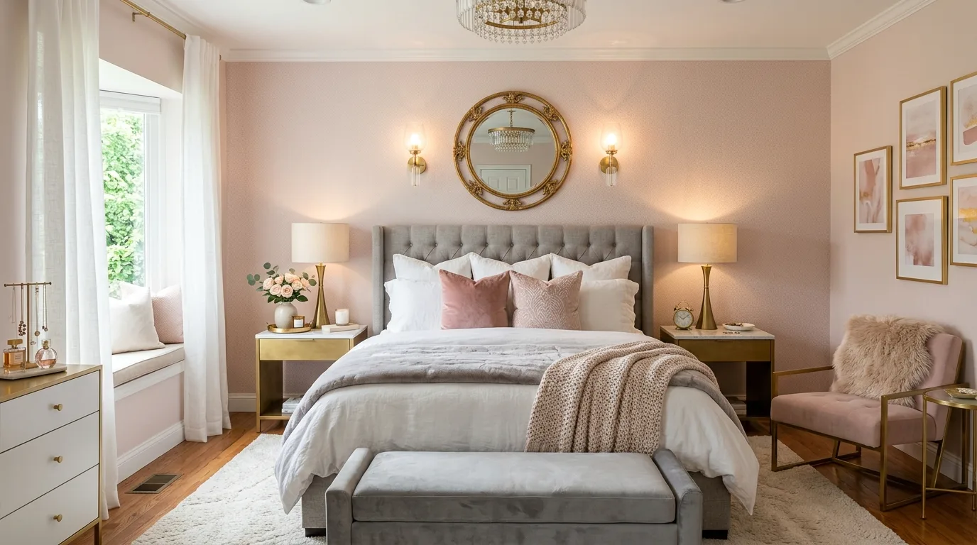 Feminine chic bedroom with blush pink wallpaper, grey upholstered bed, and gold decor details