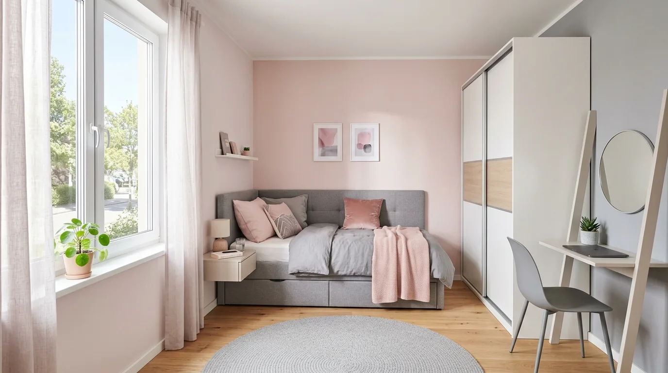 Small bedroom in pink and grey tones with space saving furniture and minimal decor