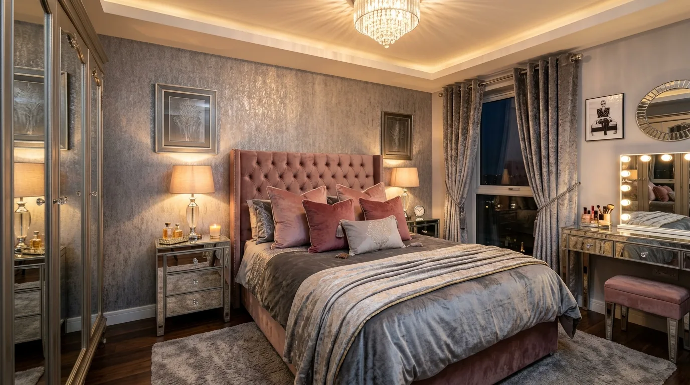 Glam bedroom with velvet pink cushions, metallic grey accents, and mirrored furniture