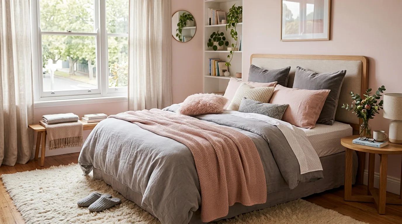 Cozy pastel bedroom with layered pink and grey bedding, textured pillows, and soft rug