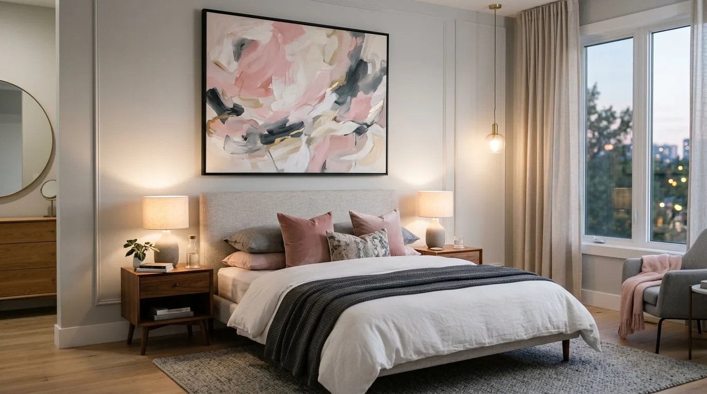 Contemporary bedroom with abstract pink and grey artwork above the bed and neutral furniture