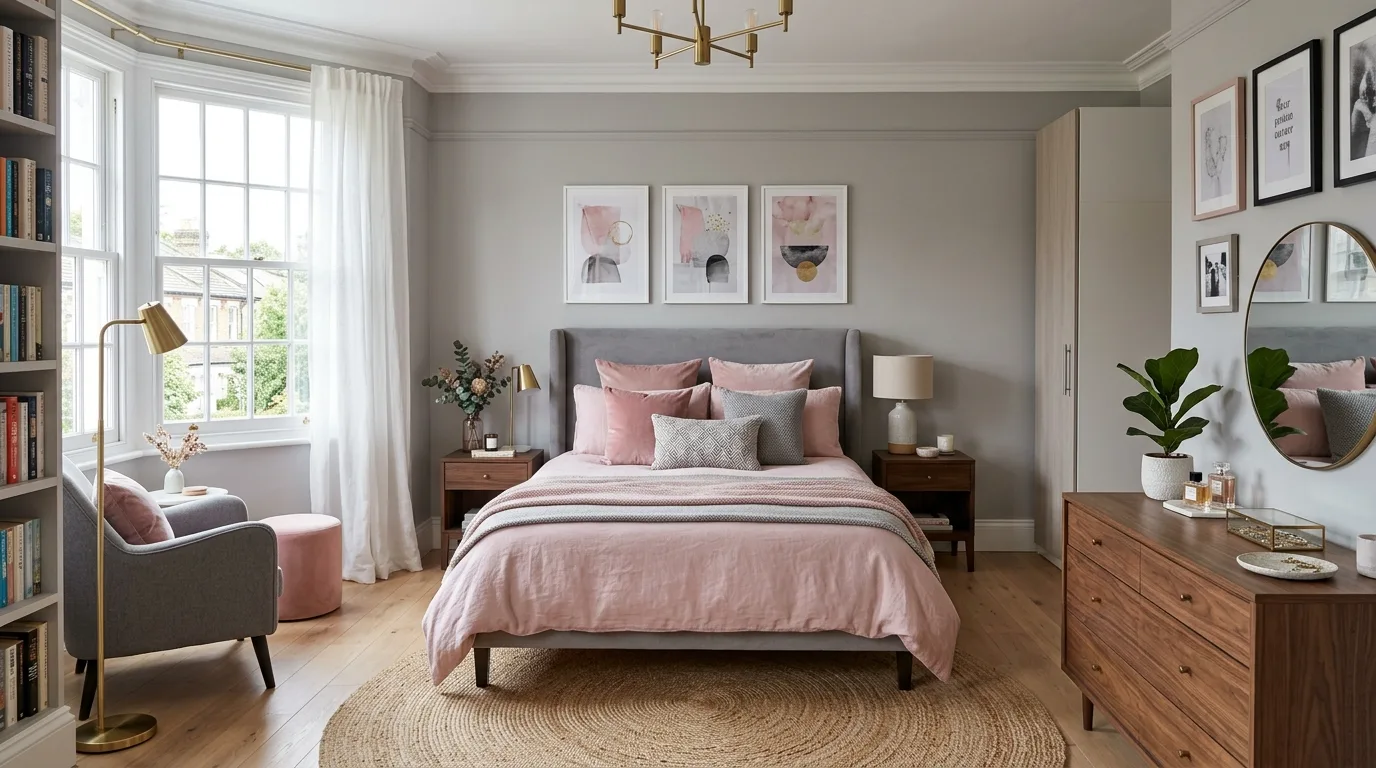 Wide angle view of a beautifully styled pink and grey bedroom with elegant textures and balanced decor