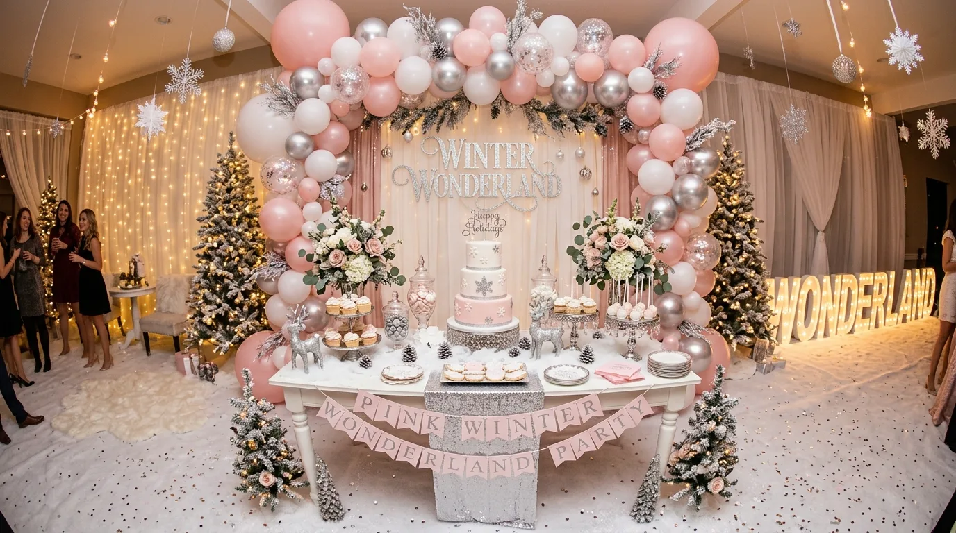 Pink winter wonderland dessert table with faux snow, blush balloons, and silver accents