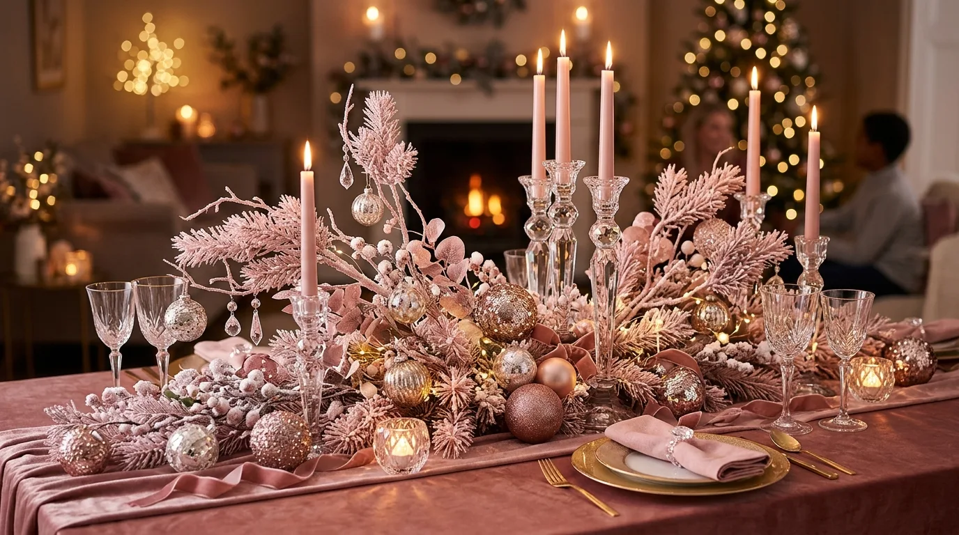 Pink winter centerpiece with crystal candle holders, blush frosted branches, and ornaments