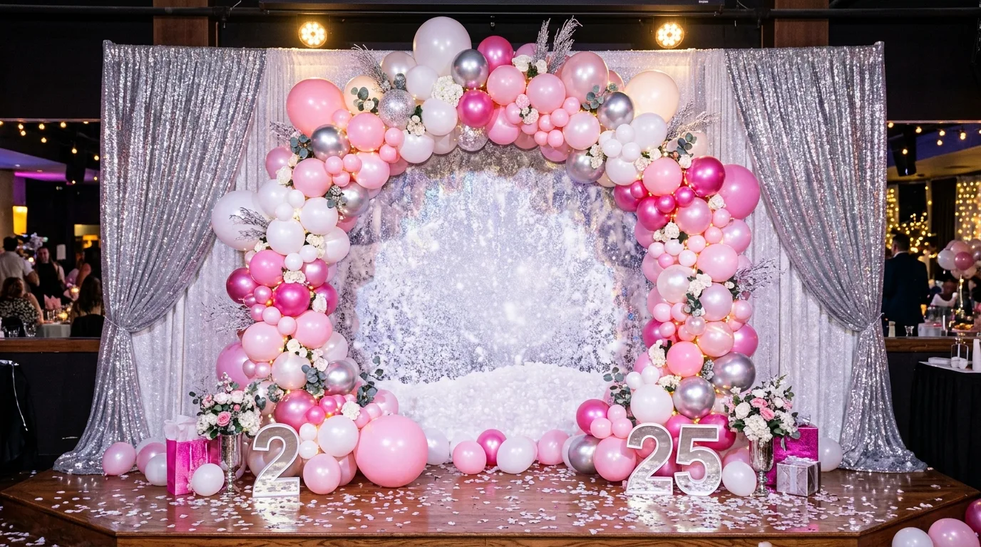 Pink and white balloon arch with snowy backdrop and shimmering silver curtains