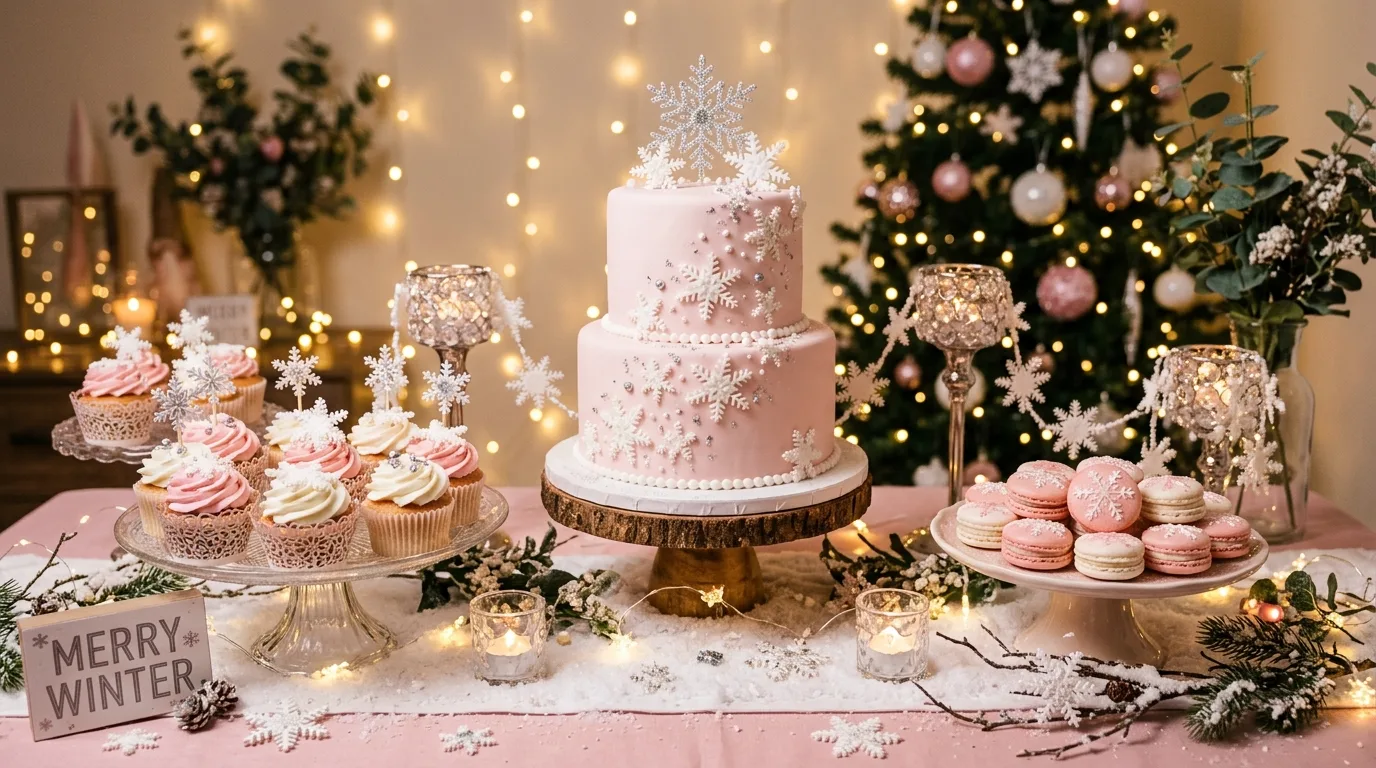 Dessert table in pink winter theme with cupcakes, macarons, and snowflake cake