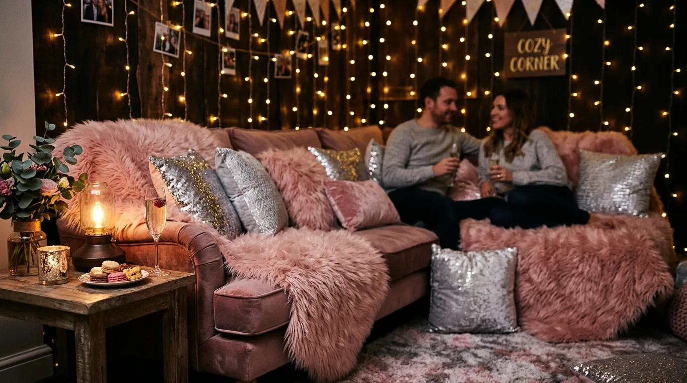 Cozy indoor party corner with pink faux fur throws, silver cushions, and twinkling fairy lights