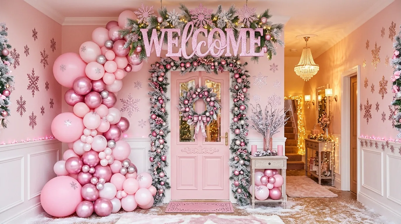 Pink winter wonderland entryway with glittery welcome sign, snowflake decals, and pink balloon clusters