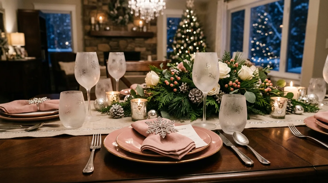 Pink winter table setting with pink plates, silver cutlery, snowflake napkin rings, and frosted glassware