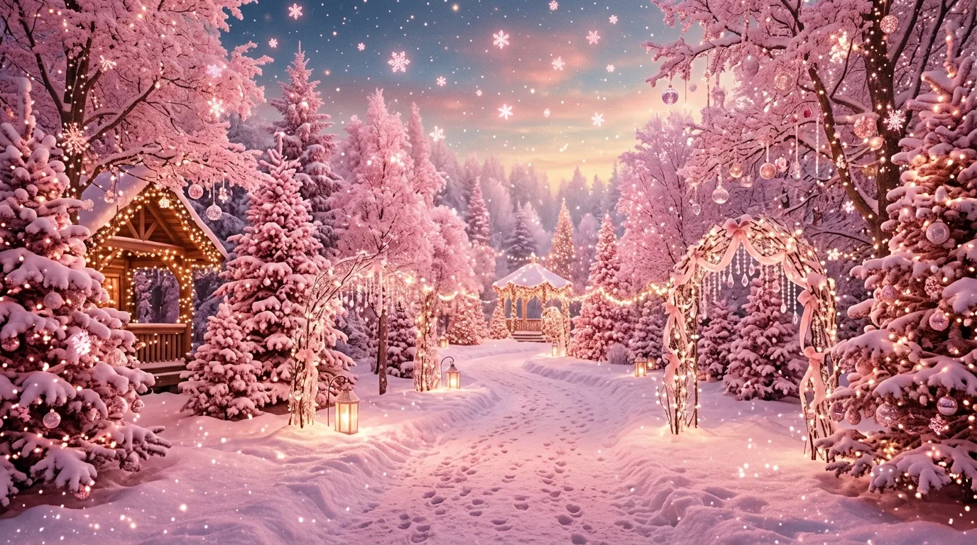 Pink snowy backdrop with artificial snowflakes, pastel pink trees, and shimmering decor