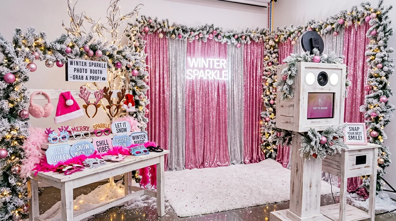 Pink winter photo booth setup with props, glitter curtains, and frosted branches