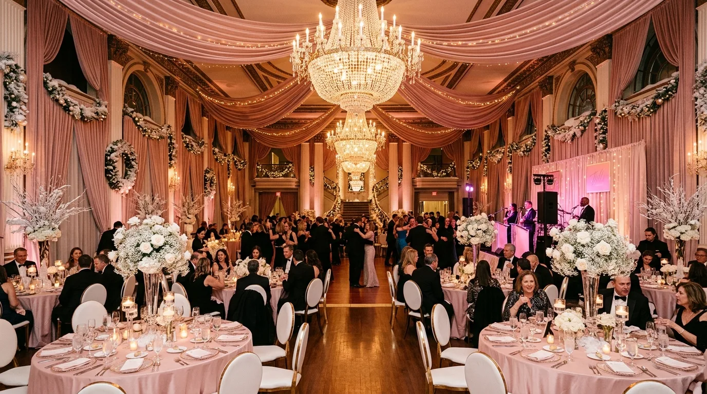 Luxury pink winter party hall with chandeliers, blush drapes, and snowy white decor accents