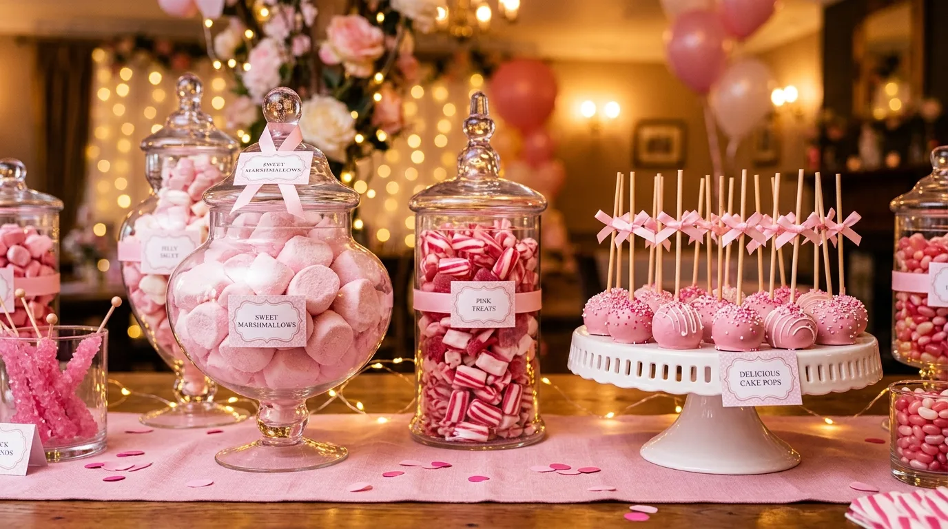 Pink candy buffet table with jars of sweets, marshmallows, and frosted cake pops