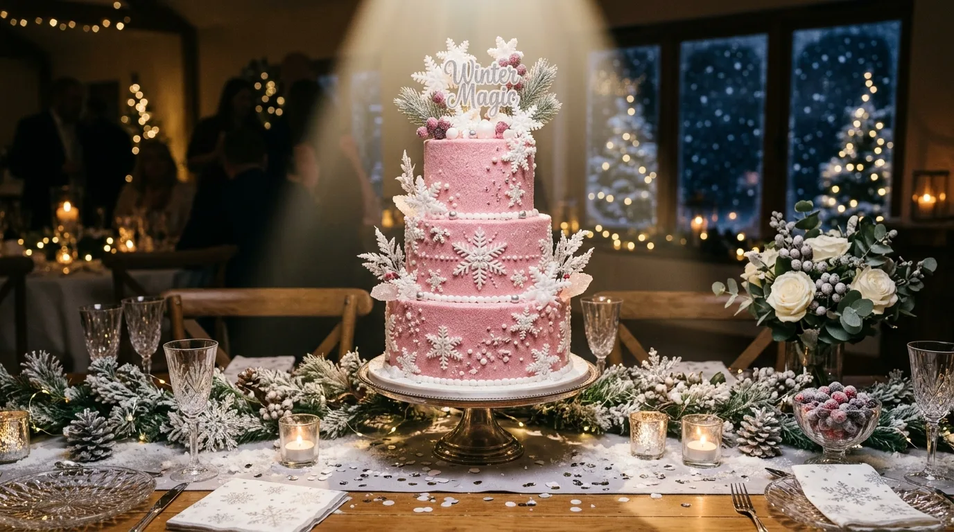 Pink winter themed cake centerpiece with snowflake decorations and glitter frosting