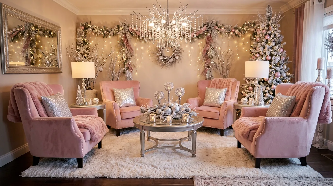 Pink and silver seating area with plush chairs, faux snow carpet, and sparkling decor accents