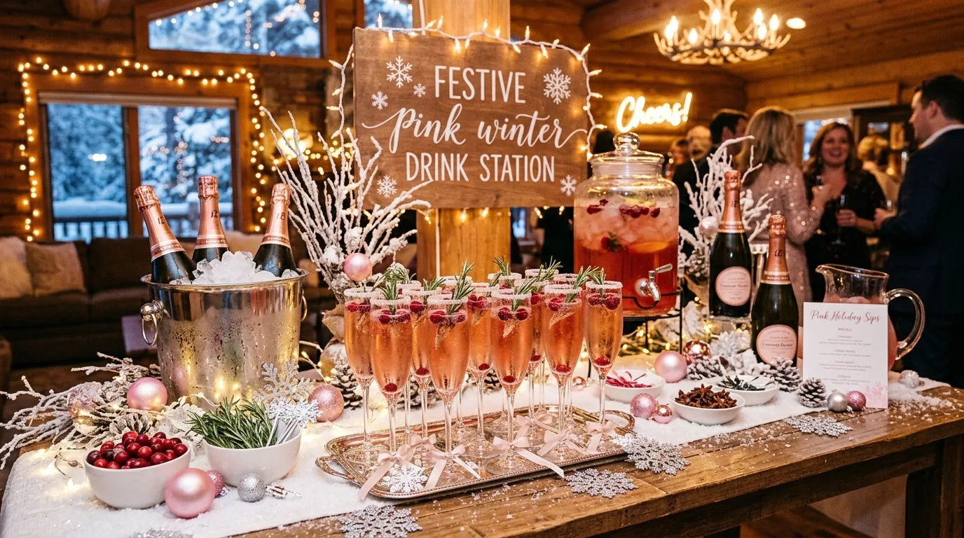 Festive pink winter drink station with champagne glasses, pink beverages, and icy decor